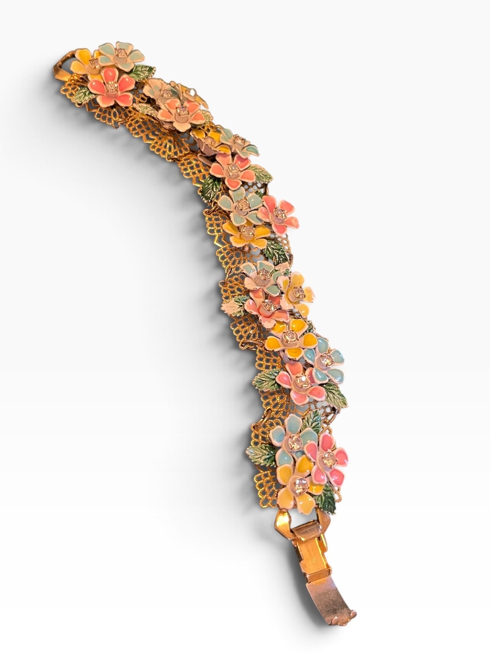 1950’s Kramer of NY Floral Enamel & Rhinestone Honeycomb Link Panel Bracelet